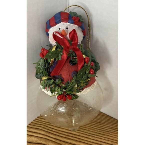 Snowman Christmas Ornament Glass Teardrop Wreath & Patchwork sweater Handmade - Picture 1 of 7
